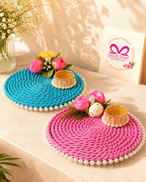 Blue and pink handmade shagun thalis with flowers and pearl trim